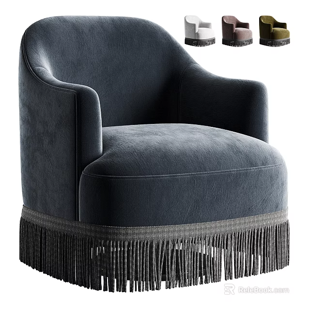 Elegant Navy Blue Velvet Armchair With Curved Armrests Rounded Back And Fringe Trim 3d model 