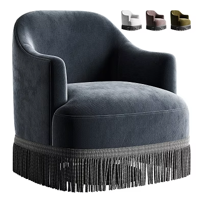 Elegant Navy Blue Velvet Armchair With Curved Armrests Rounded Back And Fringe Trim 3d model