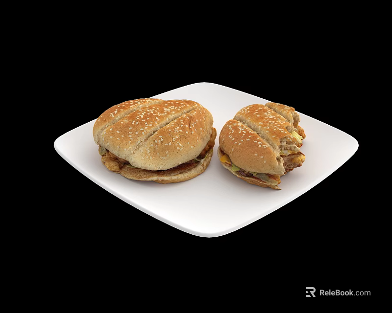 Tasty Juicy Hamburgers On White Plate With Sesame Buns And Fresh Fillings 3d model 