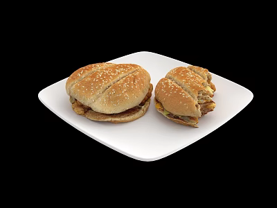Tasty Juicy Hamburgers On White Plate With Sesame Buns And Fresh Fillings 3d model