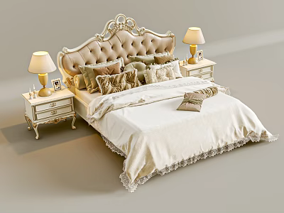 Elegant Upholstered Double Bed With Ornate Headboard Multiple Pillows Lace Bedspread And Gold Table Lamps 3d model