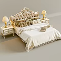 Elegant Upholstered Double Bed With Ornate Headboard Multiple Pillows Lace Bedspread And Gold Table Lamps