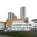 Modern High Rise Office Buildings With Plaza Greenery And Circular Structures