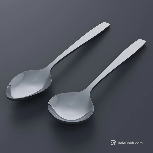 Two Silver Stainless Steel Spoons Modern Sleek Handle Kitchen Dining Cutlery Set 3d model 
