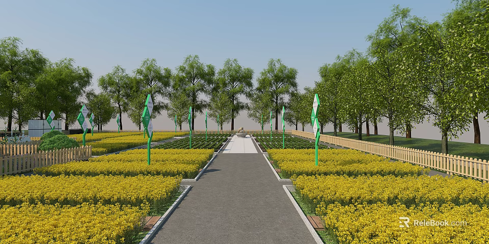 Garden Landscape with Path Lined by Yellow Flower Fields Green Flags Trees and Wooden Fence 3d model 