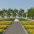 Garden Landscape with Path Lined by Yellow Flower Fields Green Flags Trees and Wooden Fence