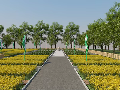Garden Landscape with Path Lined by Yellow Flower Fields Green Flags Trees and Wooden Fence 3d model