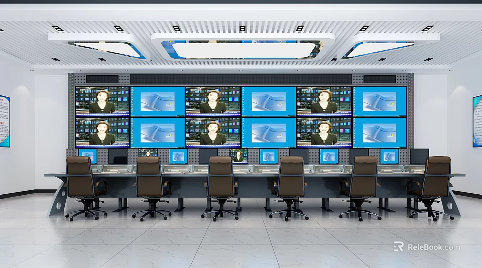 Modern Security Monitoring Room Featuring Multiple Screens Control Desks And Chairs 3d model 