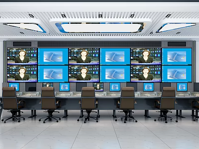Modern Security Monitoring Room Featuring Multiple Screens Control Desks And Chairs 3d model