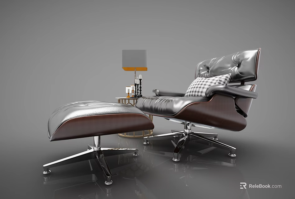 Modern Leather Single Sofa With Checkered Pillow Ottoman And Metal Legs Side Table Lamp 3d model 