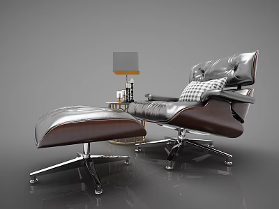 Modern Leather Single Sofa With Checkered Pillow Ottoman And Metal Legs Side Table Lamp 3d model