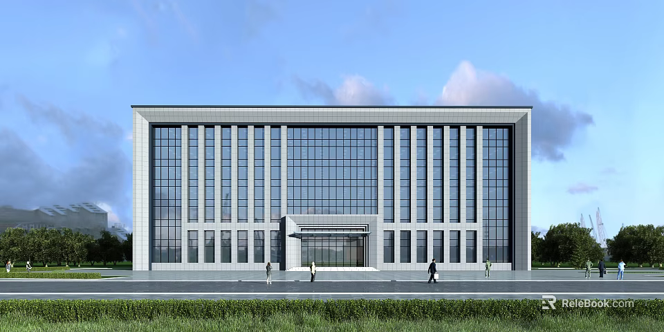 Modern Office Building Facade With Glass Curtain Wall Multiple Windows And Front Lawn 3d model 