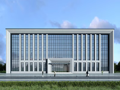 Modern Office Building Facade With Glass Curtain Wall Multiple Windows And Front Lawn 3d model