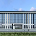 Modern Office Building Facade With Glass Curtain Wall Multiple Windows And Front Lawn
