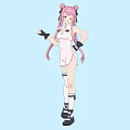 Woman In White Jumpsuit With Pink Double Ponytails Winking Black Gloves One Hand On Hip Hand Extended