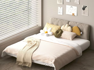 Double Bed With Colorful Pillows And Blanket In Bedroom With Window Blinds And Wall Art 3d model