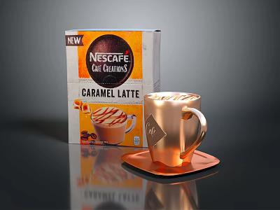 New Nescafe Caramel Latte Copper Mug With Saucer And Coffee Package 3d model
