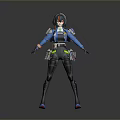 Tech Inspired Humanoid Character With Blue Black Outfit Green Waist Gear Short Hair Look
