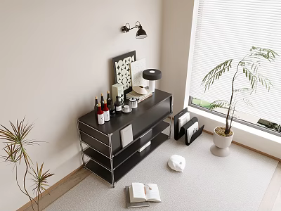 Modern Bookcase In Home Living Corner With Table Lamp Open Book And Decorative Plant 3d model