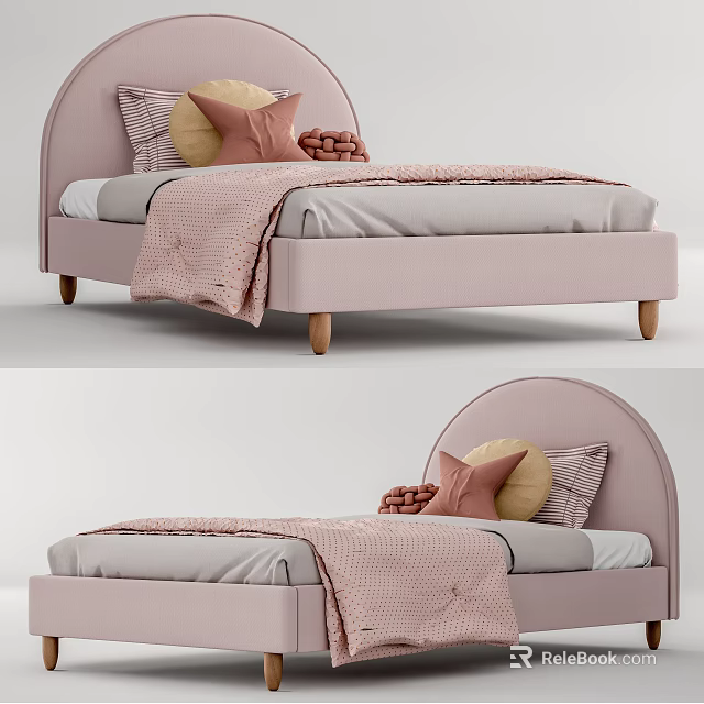 Pink Kids Bed With Arched Headboard Wooden Legs Soft Pillows And Knit Blanket 3d model 