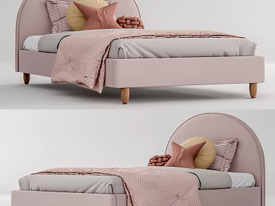 Pink Kids Bed With Arched Headboard Wooden Legs Soft Pillows And Knit Blanket 3d model