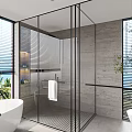 Modern Bathroom Interior With Freestanding Bathtub Glass Shower Enclosure Large Window And Stone Walls