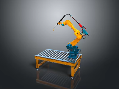 Game and Movie Character Yellow Robotic Arm on Platform with Metal Railings 3d model