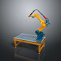 Game and Movie Character Yellow Robotic Arm on Platform with Metal Railings