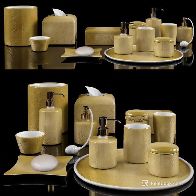 Golden Bathroom Wash Essentials Set With Soap Dispenser Dish Cup And Tissue Holder 3d model 