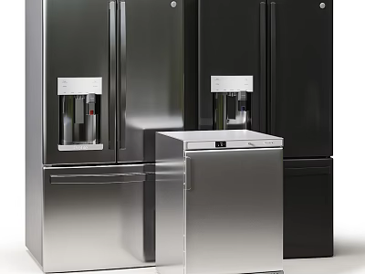 Double Door Stainless Steel Black Refrigerators And Upright Freezer With Water Dispenser 3d model
