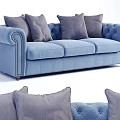 Blue Three Seater Sofa with Gray Cushions and Tufted Arms Design 3d model