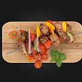 Grilled Meat Kebabs With Bell Peppers Onions Cherry Tomatoes And Basil On Wooden Cutting Board