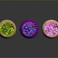 Colorful Decorative Bowls with Green Plant Purple and Pink Floral Elements on Dark Background