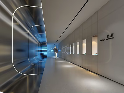 Futuristic Modern Corridor with Lighting Lines Singularity Point Sign and Person Walking 3d model