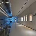 Futuristic Modern Corridor with Lighting Lines Singularity Point Sign and Person Walking