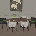 Elegant Restaurant Interior With Wooden Dining Table Stylish Chairs Abstract Artwork And Green Plant