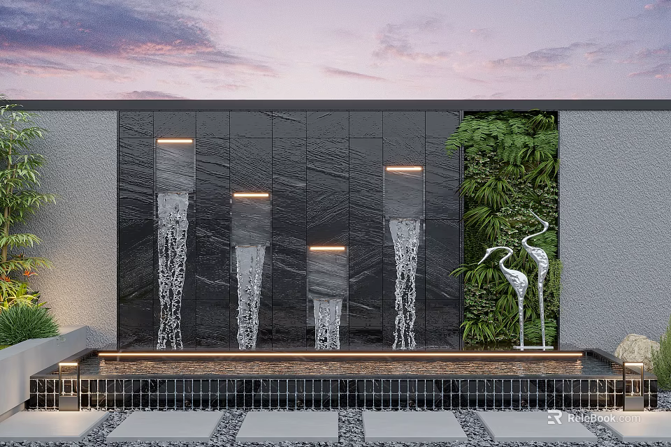 Decorative Garden Ornament Featuring Black Wall Waterfalls Green Plant Wall And White Crane Sculptures 3d model 