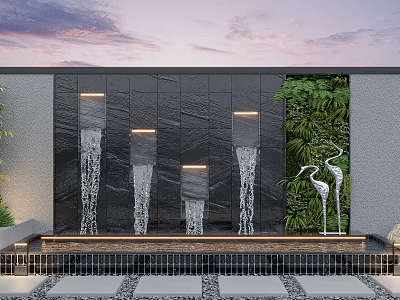 Decorative Garden Ornament Featuring Black Wall Waterfalls Green Plant Wall And White Crane Sculptures 3d model