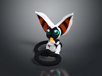 Cute Fantasy Creature With Large Striped Ears Green Eyes Holding Small Orange Item And Black Rings 3d model