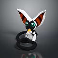 Cute Fantasy Creature With Large Striped Ears Green Eyes Holding Small Orange Item And Black Rings
