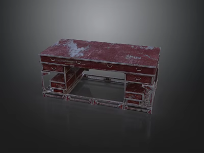 Vintage Red Desk With Worn Surface And Multiple Drawers For Home Workspace 3d model