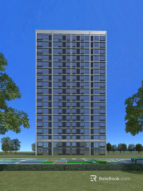 Tall Modern Residential Building Exterior With Many Windows And Green Trees Under Blue Sky 3d model 