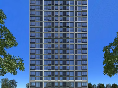 Tall Modern Residential Building Exterior With Many Windows And Green Trees Under Blue Sky 3d model