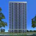 Tall Modern Residential Building Exterior With Many Windows And Green Trees Under Blue Sky