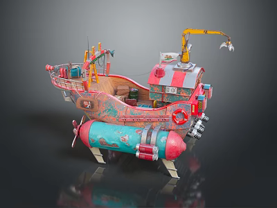 Toy Pirate Ship Model With Red Blue Hull Yellow Crane And Wooden Deck 3d model