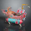 Toy Pirate Ship Model With Red Blue Hull Yellow Crane And Wooden Deck