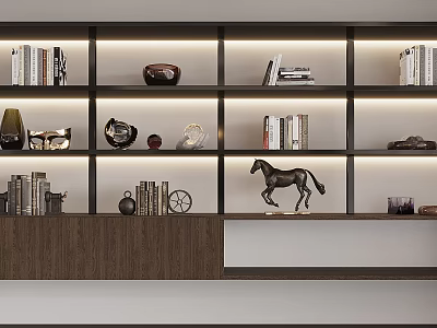 Modern Shelving Unit with Multiple Shelves Books Decorative Items and Lighting 3d model