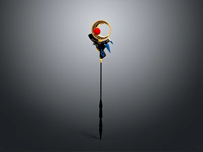 Ornate Decorative Weapon With Golden Ring Red Sphere Blue Accents And Long Handle Design 3d model