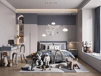Kids Room Design With Soft Gray White Walls Airplane Cloud Decor Bed Desk Plush Toys Rug 3d model