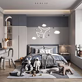 Kids Room Design With Soft Gray White Walls Airplane Cloud Decor Bed Desk Plush Toys Rug